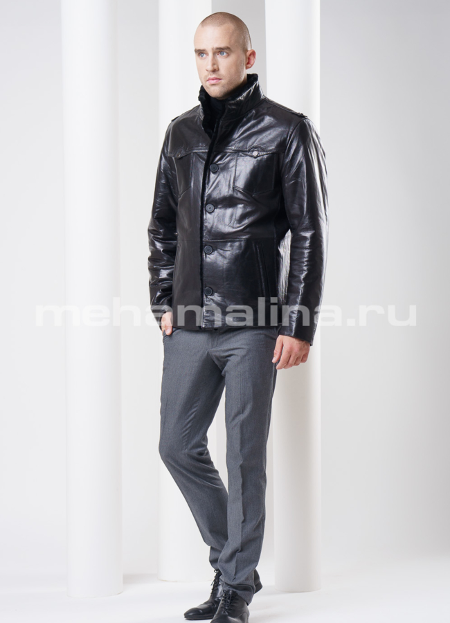 Дубленка мужская, на пуговицах модель № DM-68 меха малина