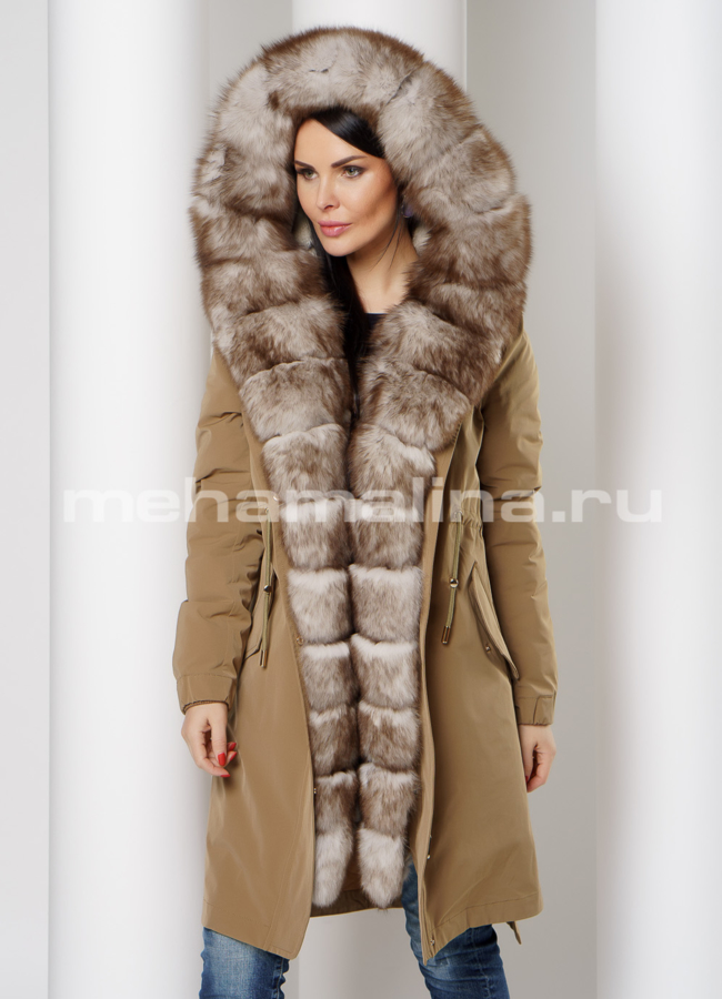 Парка с капюшоном на молнии, отделка песец модель № 3952 меха малина