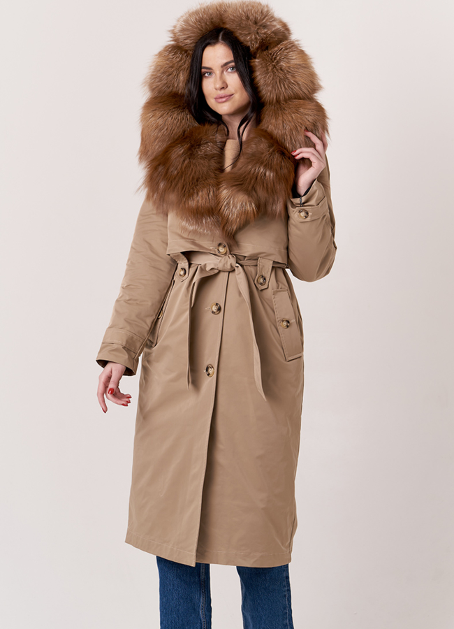 Парка в бежевом цвете модель № 21814 меха малина