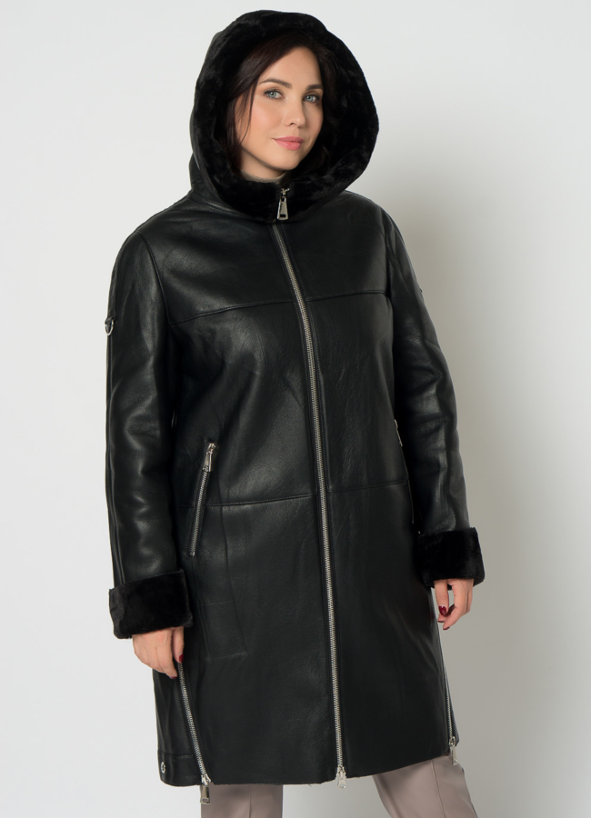 Удлиненная эко дубленка черного цвета на молнии модель № 74538 универмаг малина