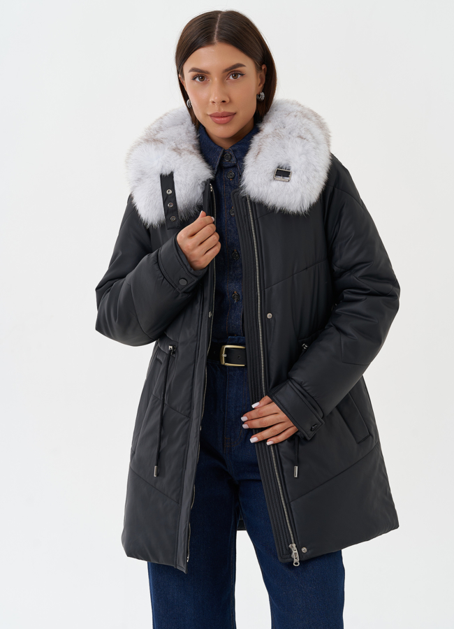 Пуховик из эко кожи с мехом модель № 27724 универмаг малина