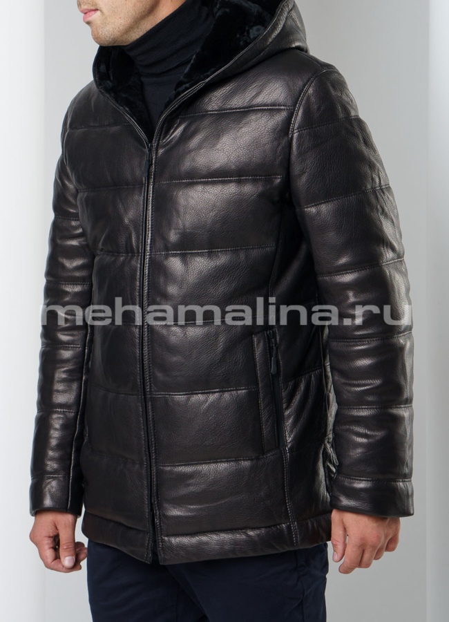 Пуховик из натуральной кожи модель № ПМ-91 меха малина