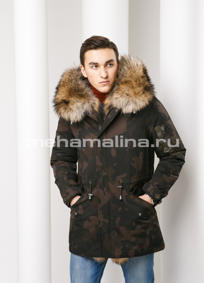 Парка мужская с капюшоном модель № KM-27 меха малина