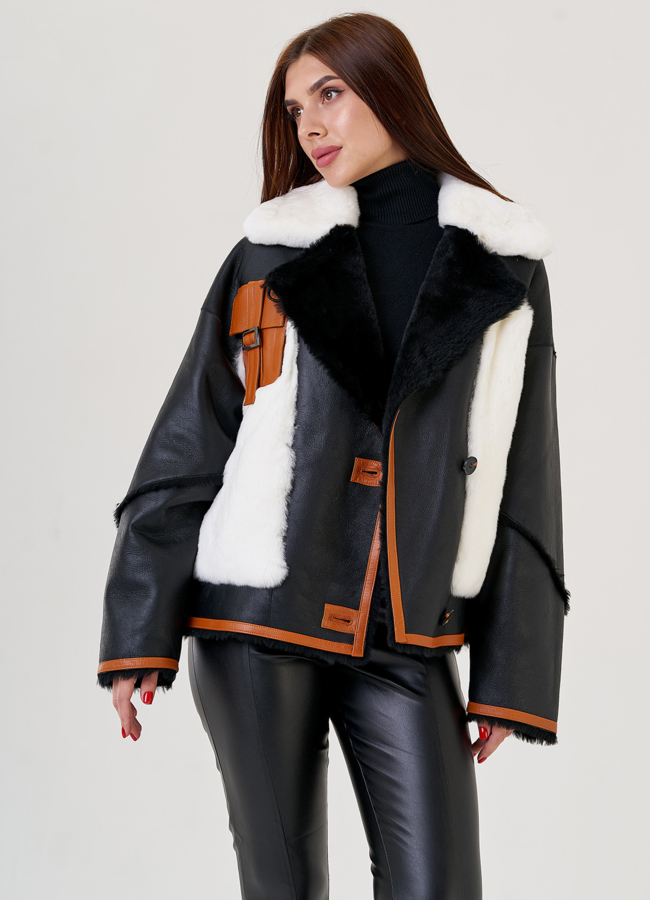 Женская дубленка косуха черного цвета модель № 23354 в кредит