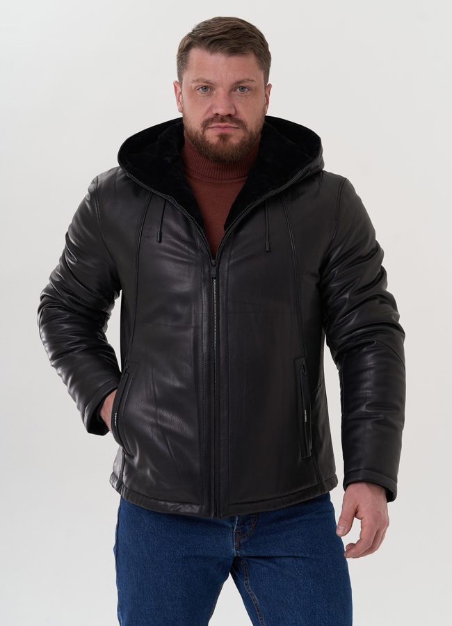 фото Куртка из натуральной кожи черного цвета модель № 26180