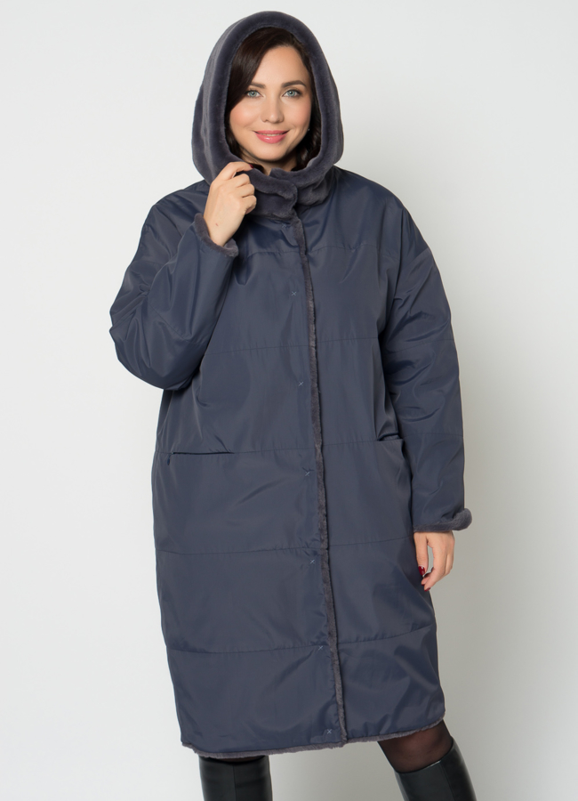 Двухстороннее полупальто из эко меха с капюшоном модель № 19075 универмаг малина