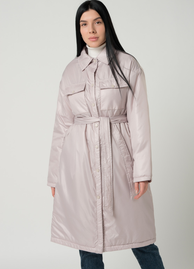 Женское пальто-рубашка бежевого цвета с поясом модель № 22390 универмаг малина