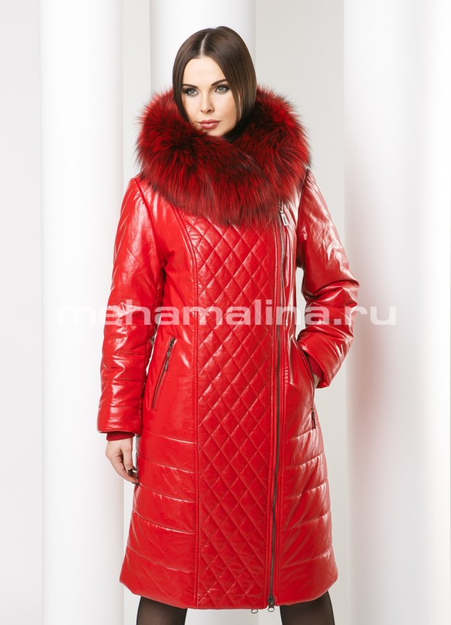 Пуховик эко модель № П-109 меха малина