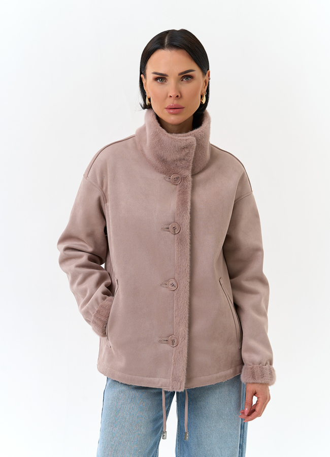 Женская двухсторонняя дубленка из эко замши модель № 32789 меха малина