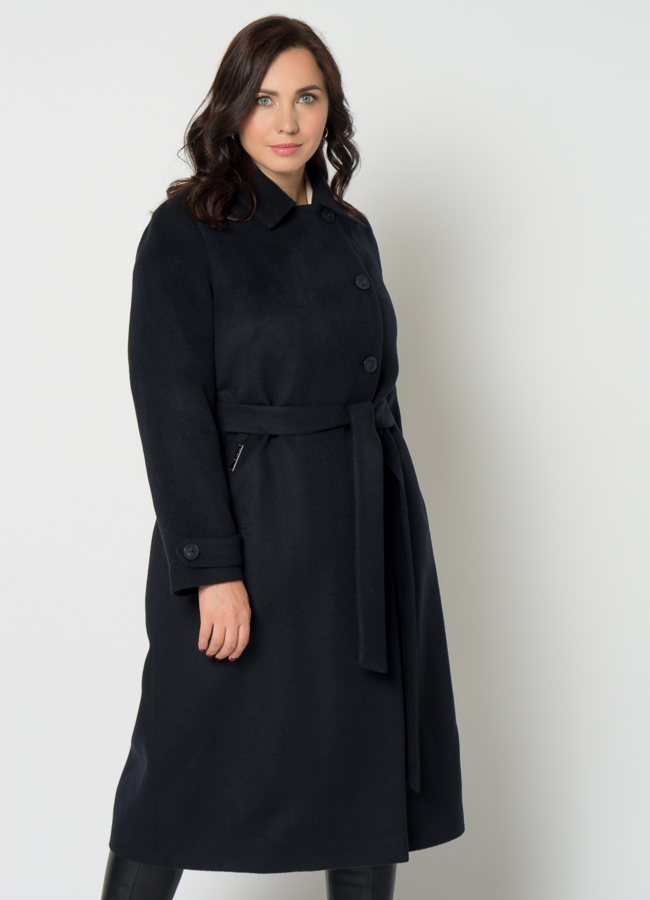 Женское пальто синего цвета с поясом модель № 21372 в кредит