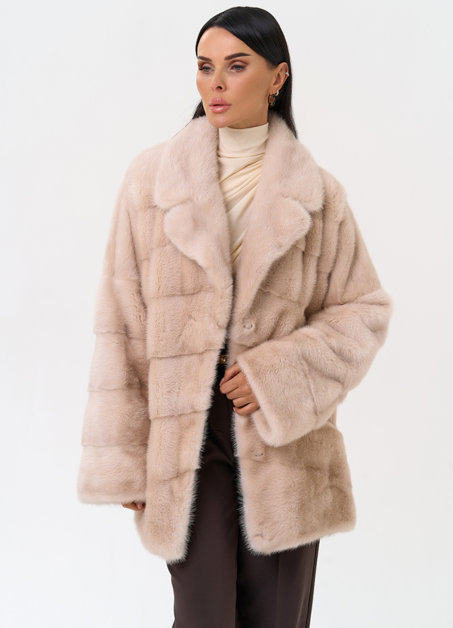 Укороченная шуба из меха норки с английским воротником модель № 30688 меха малина