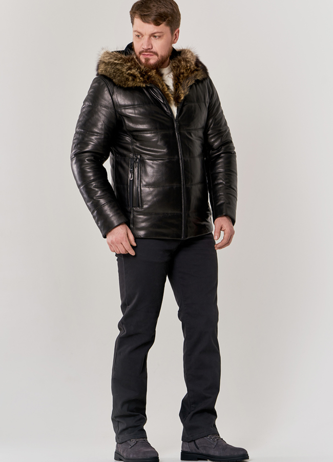 фото Мужской пуховик из натуральной кожи с мехом модель № П-503