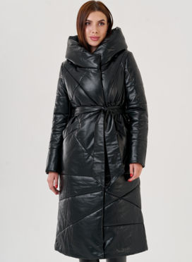 Черный длинный пуховик из эко кожи Malina Siberian