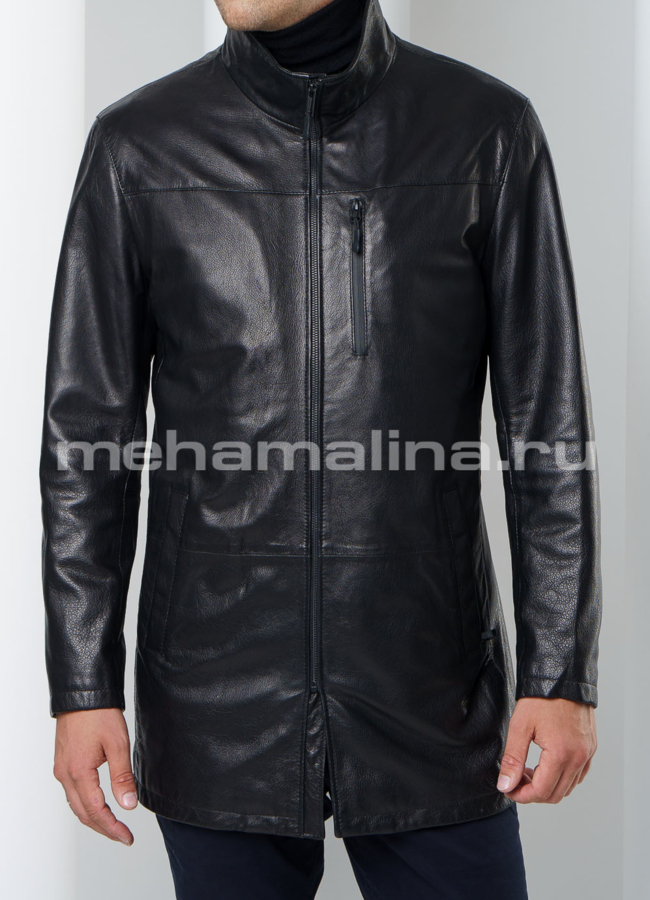 Кожаная куртка модель № KP-190 меха малина