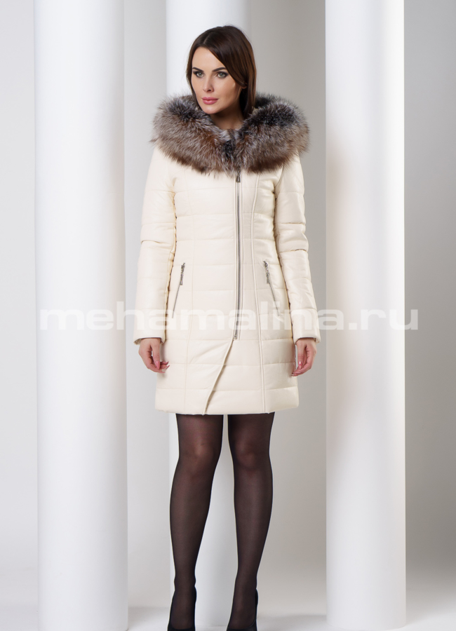 Светлый кожаный пуховик модель № 8779 в рассрочку