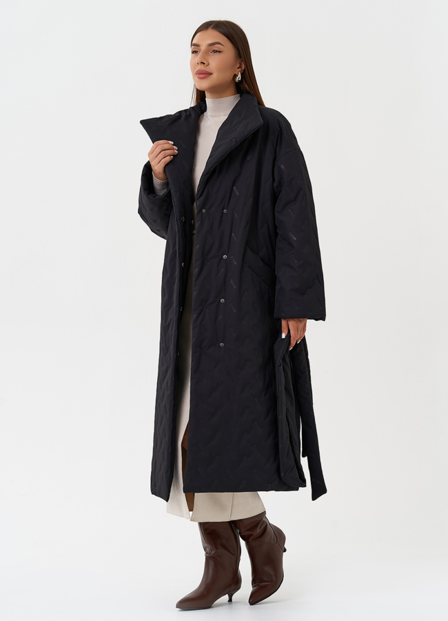 Женское стеганое пальто с поясом модель № 28460 универмаг малина