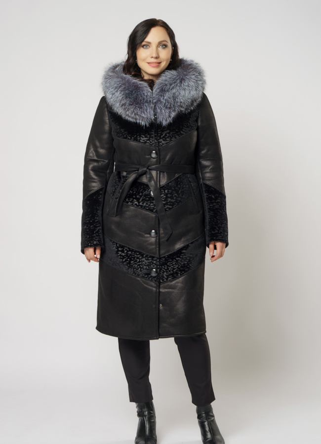 Дубленка эко на пуговицах с отделкой из чернобурки модель № 8207 в кредит