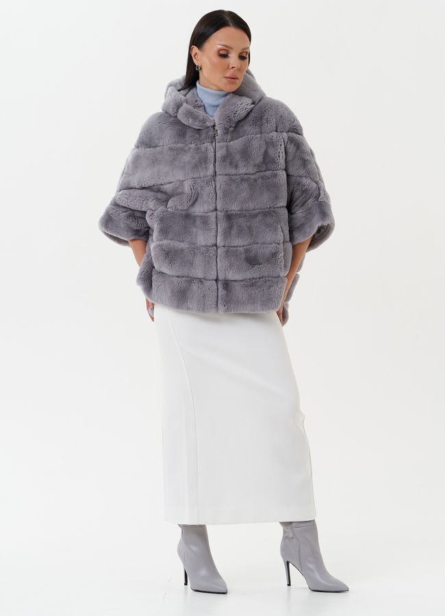 Шуба из меха кролика с капюшоном модель № 26147 меха малина