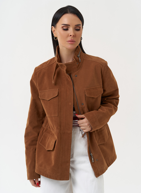 Женская парка из эко замши коричневого цвета 