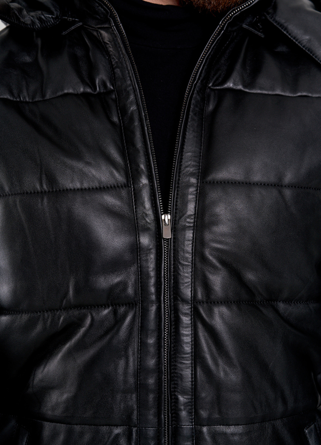 Зимняя кожаная куртка с капюшоном модель № П-511 в рассрочку