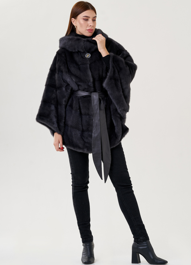 фото Шуба из норки в цвете графит с капюшоном  модель № 23359