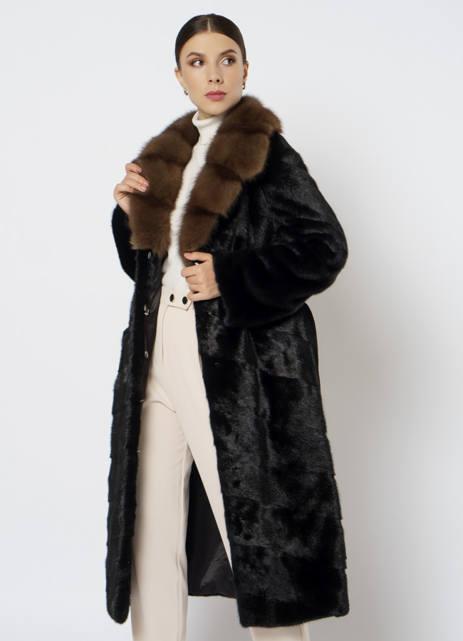 Черная шуба с куницей модель № 1217 универмаг малина