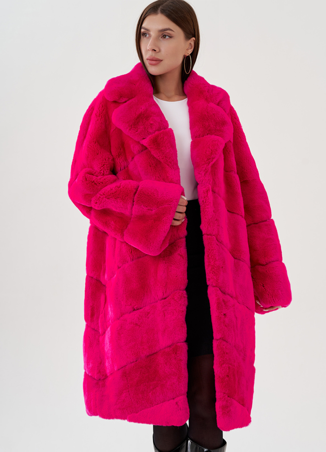 Удлиненная женская шуба из кролика в цвете фуксия модель № 81858 универмаг малина