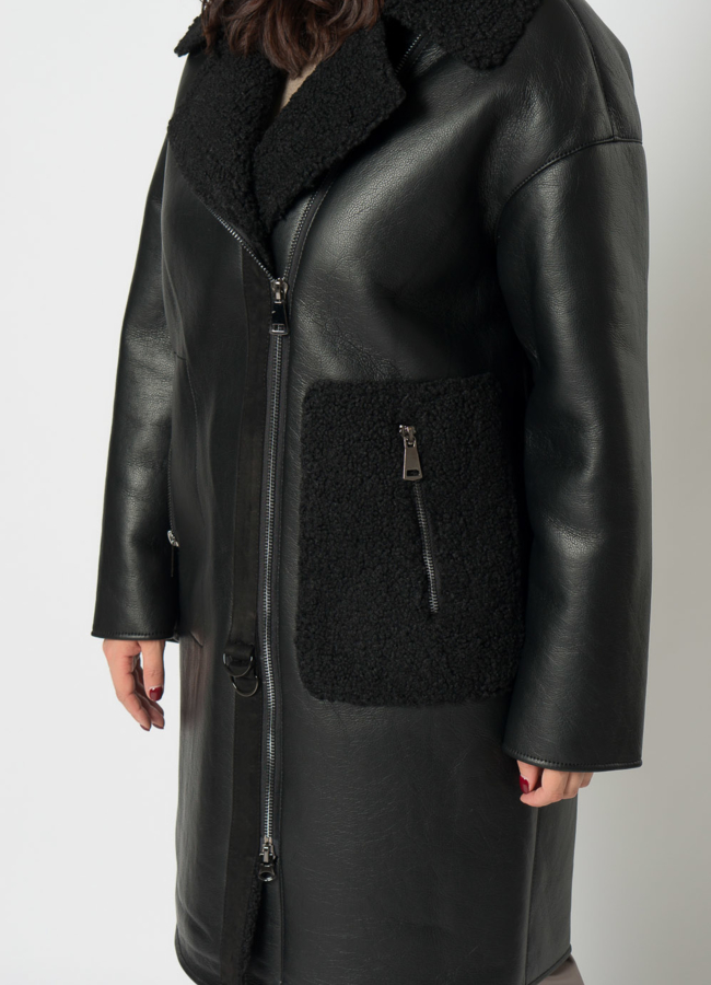 Дубленка из эко кожи черного цвета на молнии модель № 18265 универмаг малина