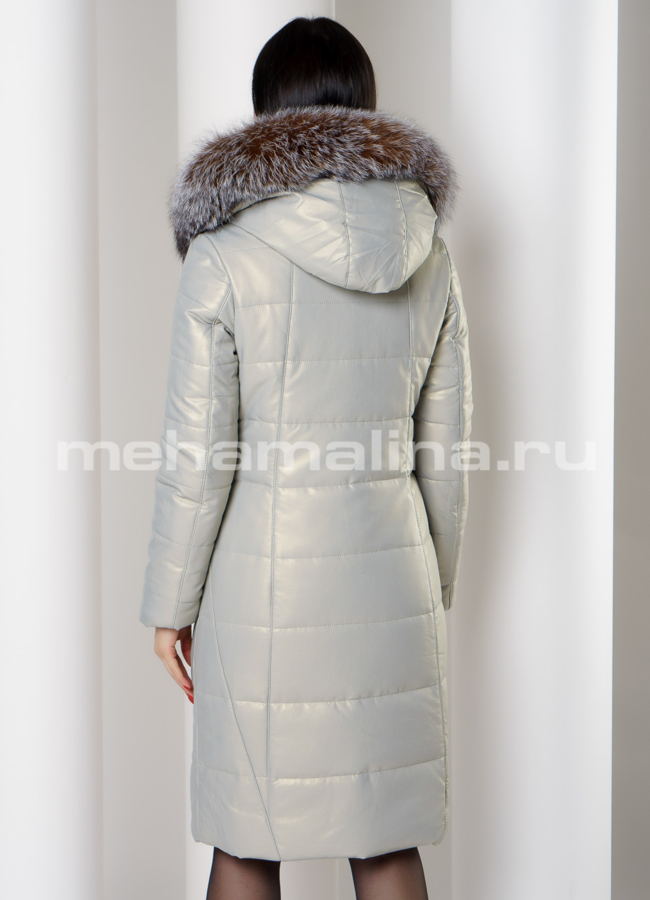 Светлый пуховик с капюшоном их эко кожи  модель № 6127 в рассрочку