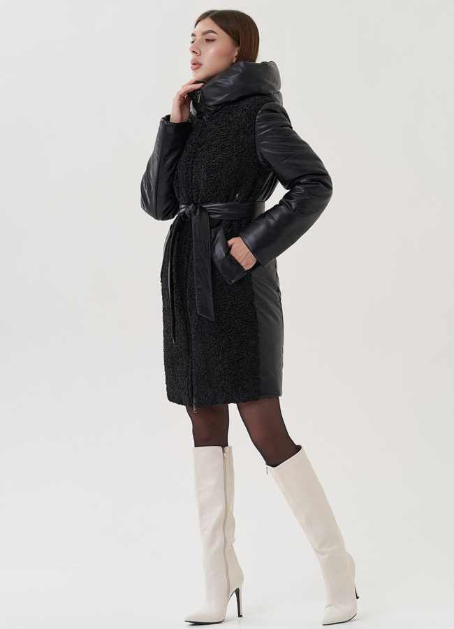 фото Пуховик из эко кожи с капюшоном модель № 25342