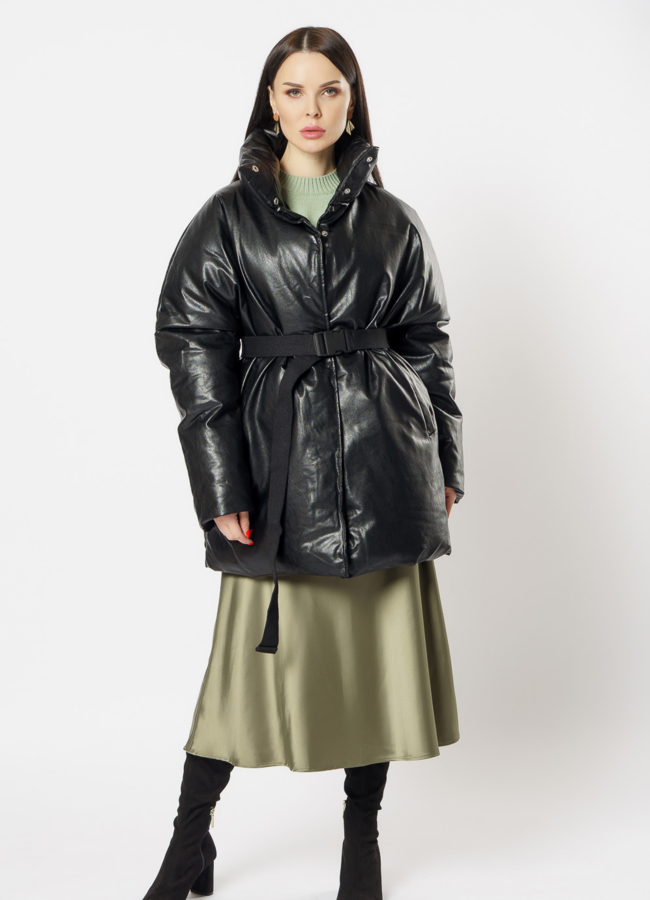 фото Куртка утепленная из эко кожи черного цвета модель № 20683