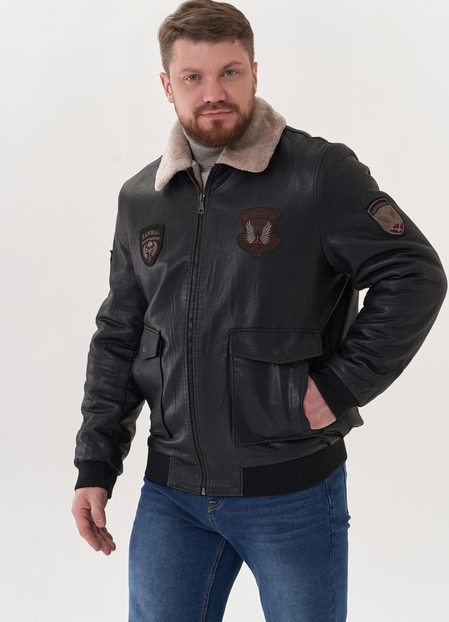 Мужская дубленка из эко кожи модель № 26785 меха малина