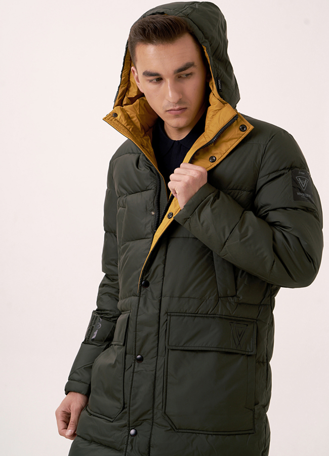 Удлиненный пуховик с капюшоном модель № 0992 в рассрочку