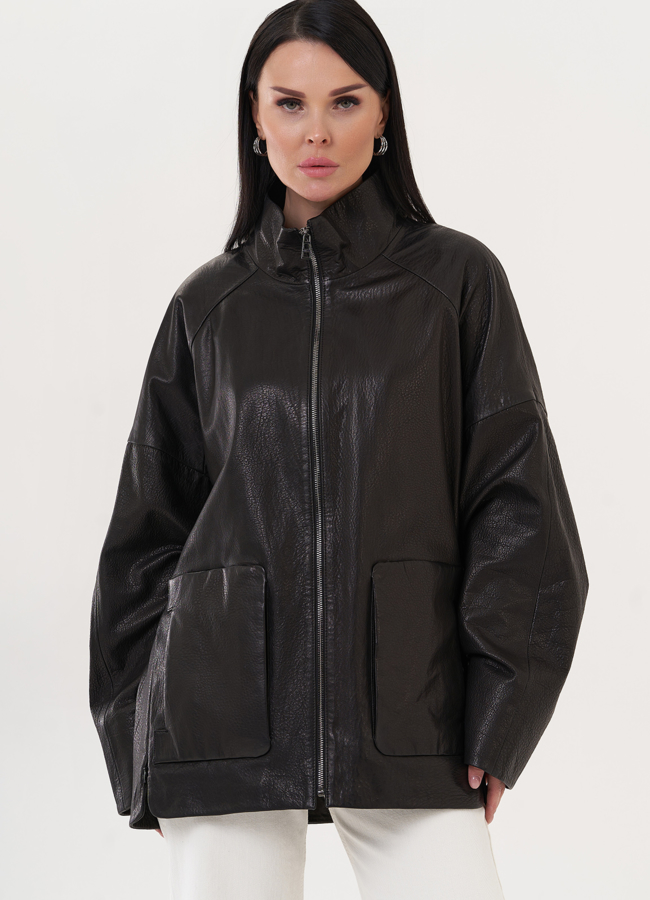 Куртка оверсайз из натуральной кожи модель № 27138 меха малина