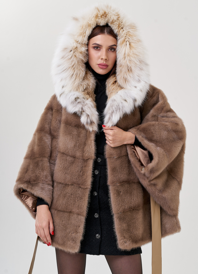 Норковая шуба в цвете пастель с рысью модель № 23306 универмаг малина