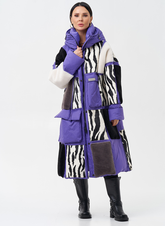 Комбинированный женский пуховик с капюшоном