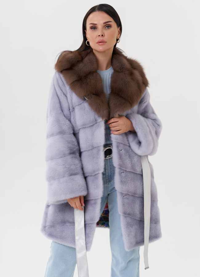 Шуба из меха норки под пояс с капюшоном из куницы модель № 27575 универмаг малина