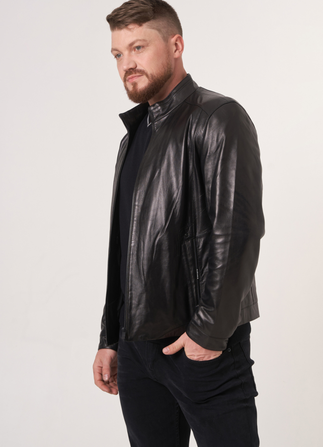 Мужская куртка из натуральной кожи на молнии модель № 805 меха малина