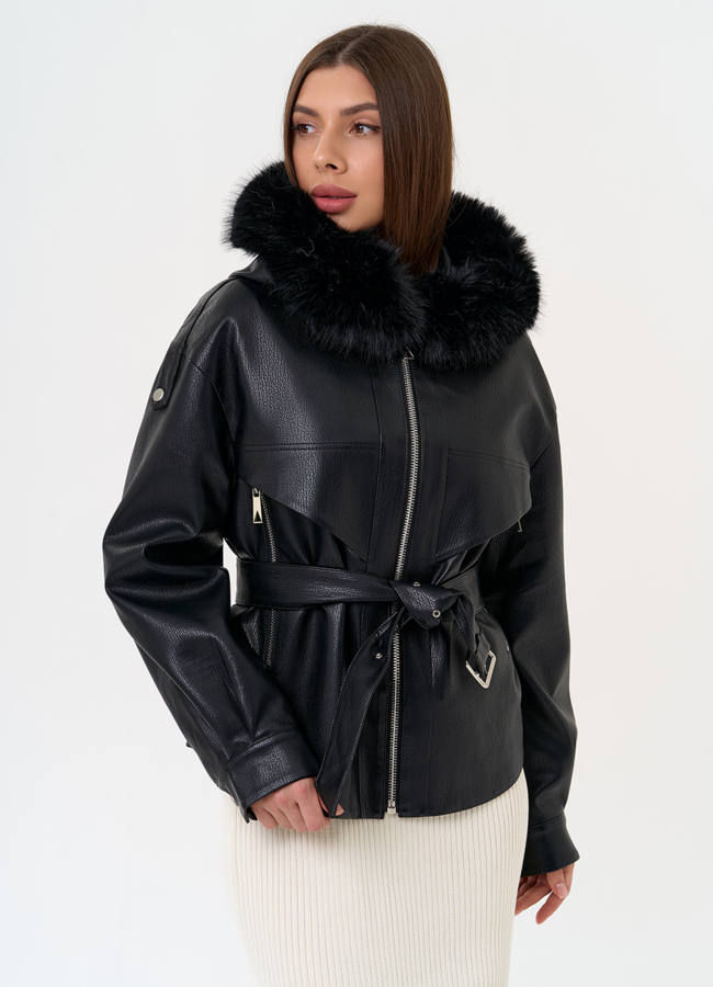 Женская утепленная куртка из эко кожи с поясом модель № 31494 универмаг малина Женская утепленная куртка из эко кожи с поясом модель № 31494 универмаг малина