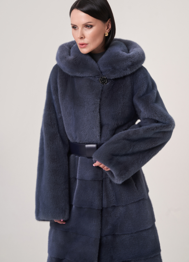 Шуба из норки на поясе с капюшоном модель № S-756 универмаг малина