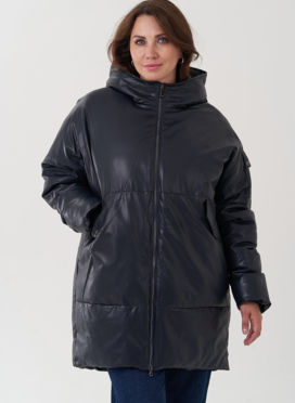 Женский пуховик синего цвета из эко кожи