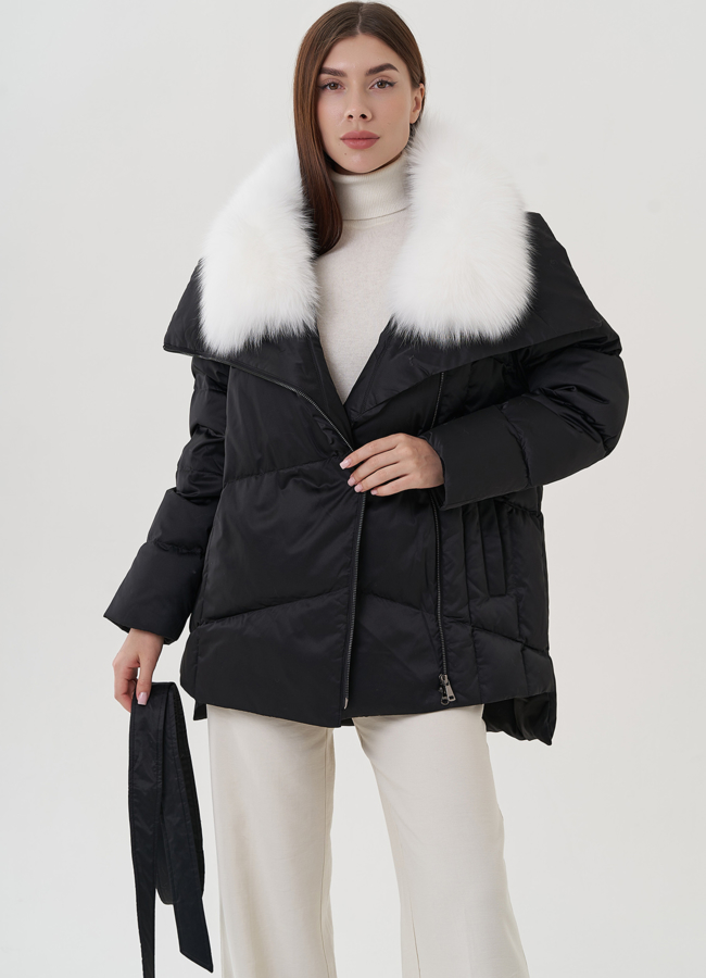 Короткий женский пуховик с поясом модель № 25729 в кредит