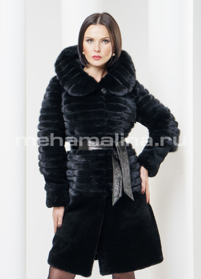 Шуба из мутона с норкой, цвет черный модель № S-319 меха малина