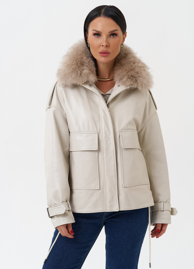 Женский кожаный пуховик с отделкой из песца модель № 28525 меха малина