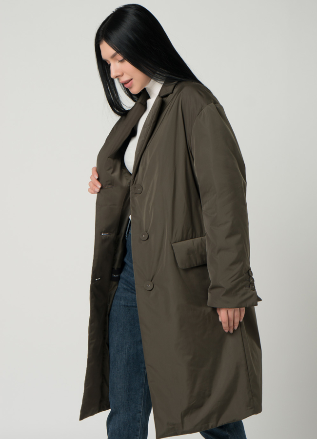 Женское полупальто с английским воротником на утеплителе в цвете хаки модель № 21158 универмаг малина