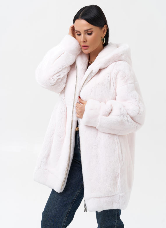 Шуба из меха кролика с капюшоном