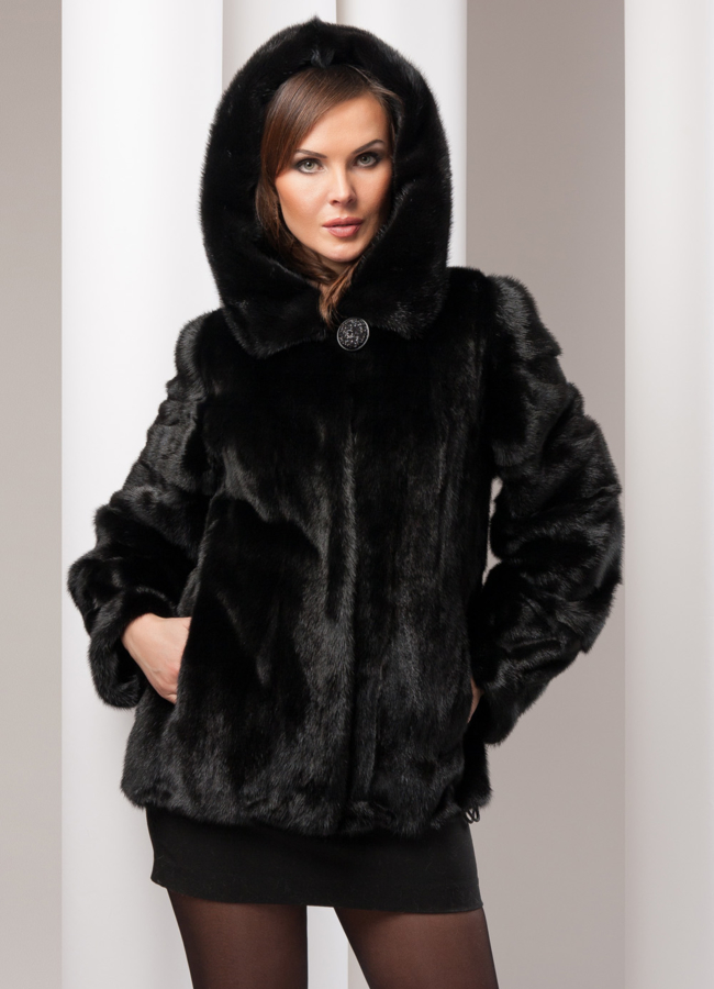 Куртка из норки с капюшоном  модель № S-78 меха малина Куртка из норки с капюшоном  модель № S-78 меха малина