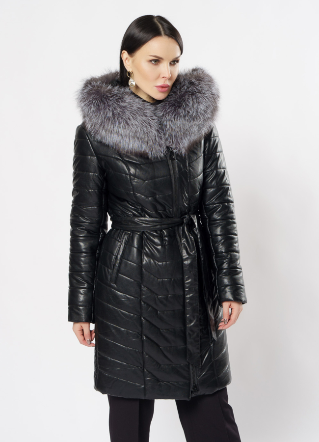 Пуховик из эко кожи черного цвета модель № 9801 в рассрочку