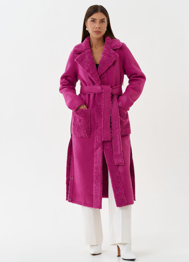 Двухсторонняя эко дубленка с поясом модель № 27779 меха малина