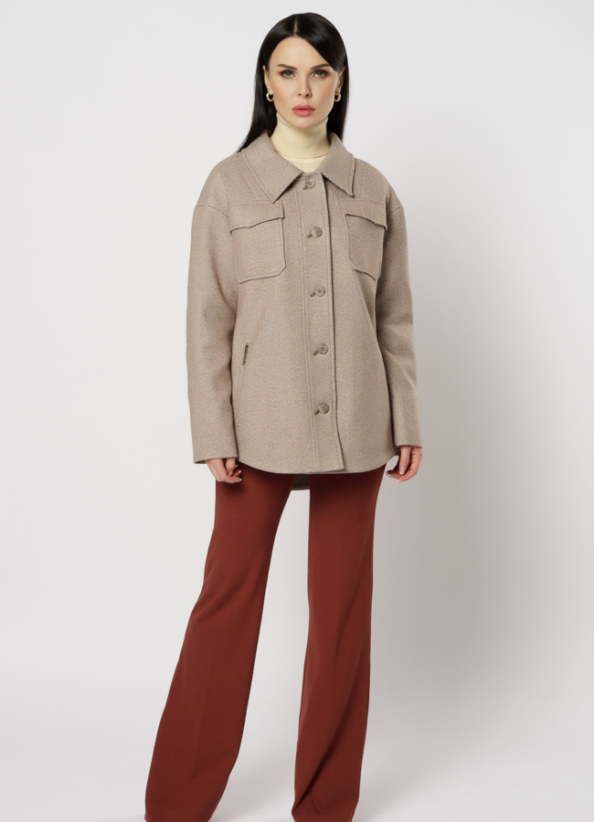 фото Женское пальто-рубашка коричневого цвета модель № 20763